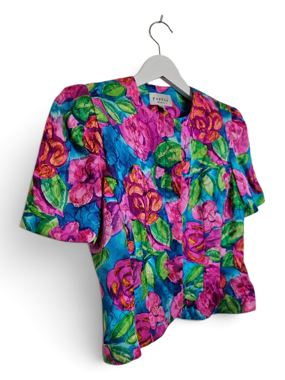 Vintage Papell Petites Blouse Size 2 100% Silk Floral Power Dressing Multicolors
